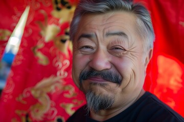 elder with a black goatee, winking with a red backdrop