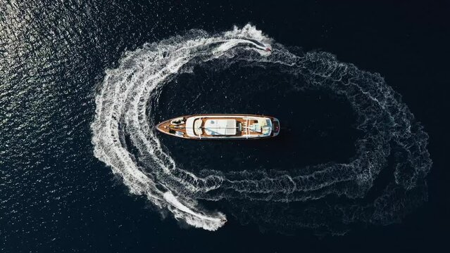 Aerial view of Krka National Park with luxury yacht and motorboat, Krk, Croatia.