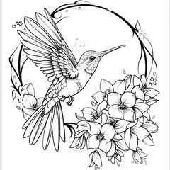 Black and white Hummingbird and flowers tattoo design