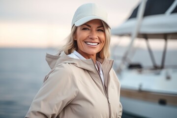 Portrait of a beautiful blond woman in a white cap and coat on a yacht