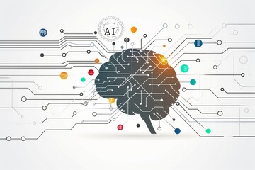 AI Brain Chip cognition. Artificial Intelligence neurological informatics mind icon tagging axon. Semiconductor gaas circuit board edge computing - obrazy, fototapety, plakaty