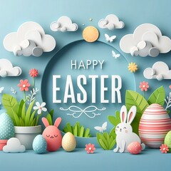 Happy easter banner background. Holiday greeting in paper cut 3d style with clouds, bunny, plant, egg, ears. Vector illustration. for social event.