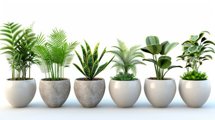 beautiful plants in ceramic pots isolated on white background.