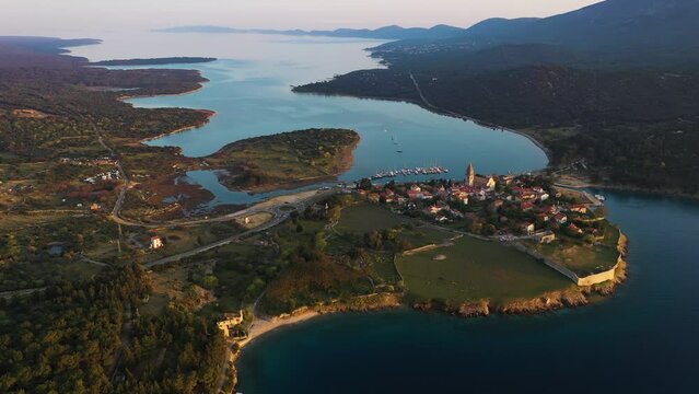Aerial view of Osor Bay and Village with Coastal Mountain Landscape, Croatia.