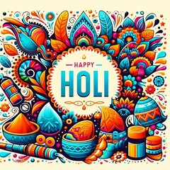 Holi, great design for any purposes. Happy festive background. Set of vector illustrations. Festive banner. Typography design and vectorized 3D illustrations for soocial event.