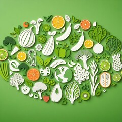 Papercut style fruit and vegetable background. World vegan day. Green background.