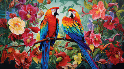 Fototapeta premium Colorful Parrots Amongst Exotic Tropical Flowers