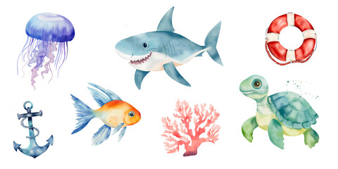 Vector set of shark, fish, turtle, anchor, coral, jellyfish and lifebuoy. watercolor Summer set. Children's illustrations