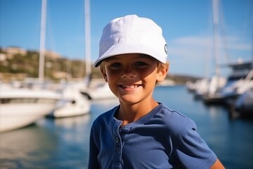 Portrait of a smiling boy in a cap at the marina