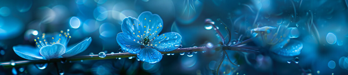 blue flowers in a field, in the style of water drops - obrazy, fototapety, plakaty