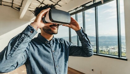 Young man using virtual reality headset. VR, future, gadgets, technology concept
