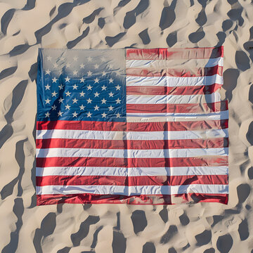 American flag on a sandy beach 