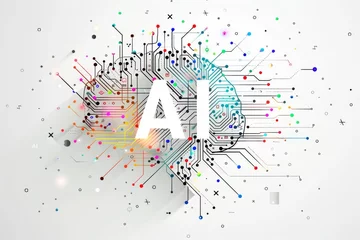 Foto op Aluminium AI Brain Chip indicator. Artificial Intelligence deep learning mind speech recognition axon. Semiconductor retrieval circuit board data processing © Leo