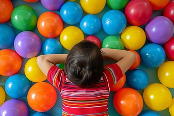 Fototapeta na wymiar kid lying on back surrounded by multicolored plastic balls