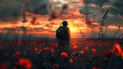 A lone soldier amidst a field of poppies at sunset.