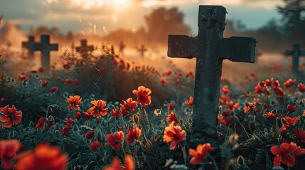 A cross in a poppy field at dusk, symbolizing remembrance. - obrazy, fototapety, plakaty