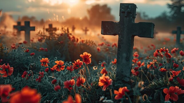 A cross in a poppy field at dusk, symbolizing remembrance.