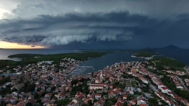 Aerial view of Losinj, Mali Losinj, with beautiful supercell storm and cloudy weather, Croatia.