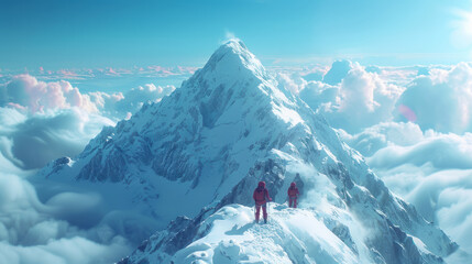 A 3D digital landscape where each team member is represented by a unique avatar climbing together assisting one another to reach the summit of a virtual mountain