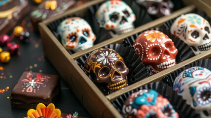 festive assortment of chocolate skulls, wrapped in colorful foil, sits in a decorative box on a wooden table