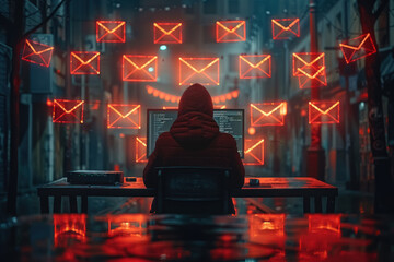 A conceptual image of a hackers silhouette reflected on a computer screen displaying an email inbox with several messages marked as threats hinting at the unseen adversaries in cyberspace - obrazy, fototapety, plakaty