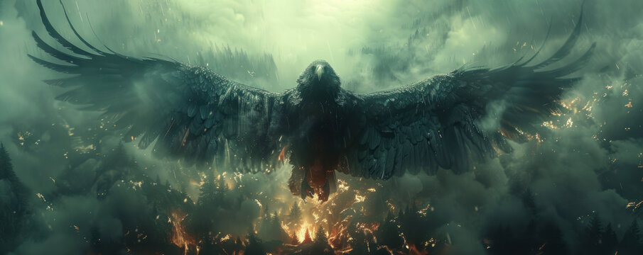 A condor its eyes augmented with thermal imaging scouting through a stormy night to safeguard a secret technological wonder hidden in the mountains