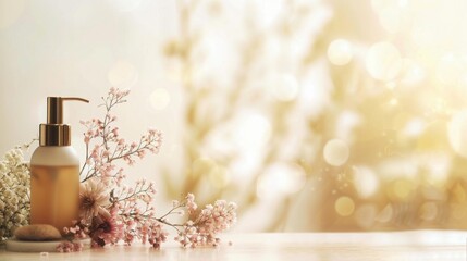 Beauty salon banner with various cosmetic products and accessories on pink background. Makeup brushes, lipstick, perfume, nail polish. Template for advertising flyer, voucher, coupon gift certificate