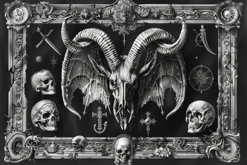A detailed engraving of Baphomet surrounded by mystical artifacts and symbols of alchemy hinting at forbidden knowledge