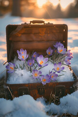 Vintage suitcase with purple spring cocus flowers with hoarfrost lying on the snowy surface. Concept of spring coming.