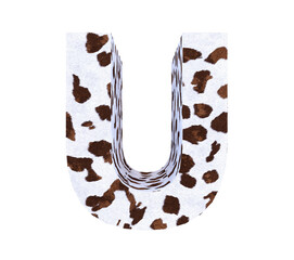 Cow Fur textured 3D letter U isolated on white background
