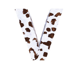 Cow Fur textured 3D letter V isolated on white background