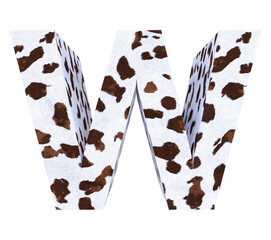 Cow Fur textured 3D letter W isolated on white background