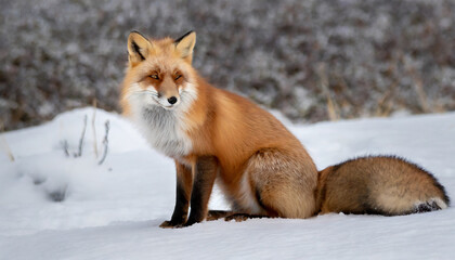A Red Fox (Vulpes vulpes) Perched in the Snow of Churchill, Manitoba, Canada