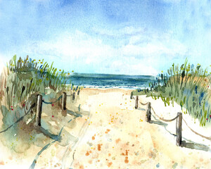 Beach, road in the dunes. Blue sky, nice weather. Happy holiday.  Stock illustration. Hand painted in watercolor.
