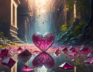 Shattered pink heart-shaped object on a tiled floor, symbolizing heartbreak or broken love, with sunlight casting shadows