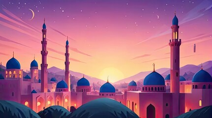 Islamic background flat design. Ramadan kareem greeting banner template - obrazy, fototapety, plakaty
