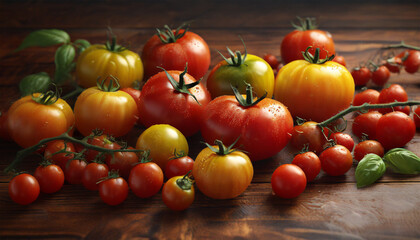 Assortment of Ripe Tomatoes: Red and Yellow Varieties, Cherry and Large, Arranged on a Wooden Table