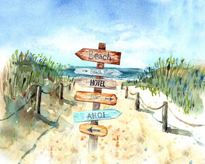 Information signpost on the beach. Blue sky, nice weather. Happy holiday.  Stock illustration. Hand painted in watercolor.