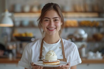 Smiling Baker Presenting Fresh Bread in Artisan Bakery. Generative AI