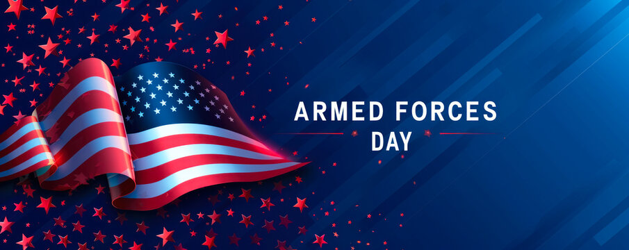 Patriotic Armed Forces Day banner featuring an elegant American flag with stars and stripes, against a starry night sky backdrop, honoring military service