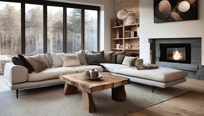 Scandinavian Living Room: Rustic Live Edge Coffee Table by White Corner Sofa Near Window with Fireplace