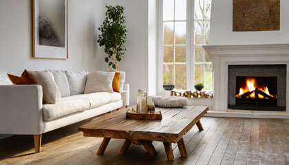 Scandinavian Living Room: Rustic Live Edge Coffee Table by White Corner Sofa Near Window with Fireplace