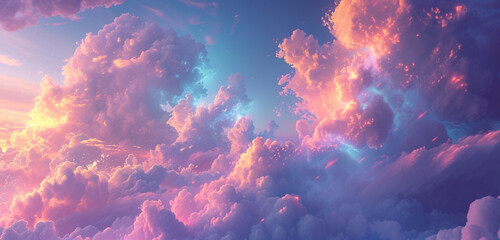 Ethereal cloud formations with luminous edges against a soft lavender sky - obrazy, fototapety, plakaty