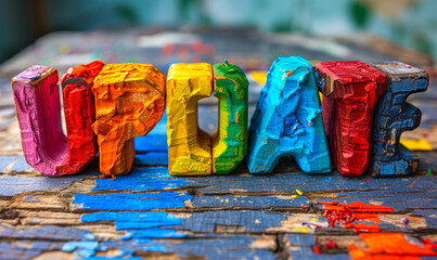 Colorful wooden blocks spelling UPDATE on a rustic grey wood surface, symbolizing software updates, progression, and change - obrazy, fototapety, plakaty