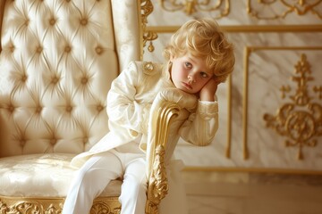 child in princely attire shyly sitting on an oversized royal throne - obrazy, fototapety, plakaty