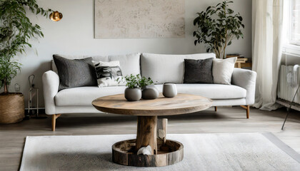 Scandinavian Living Room: Rustic Live Edge Coffee Table by White Corner Sofa Near Window with Fireplace