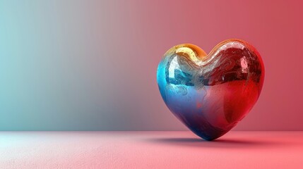 Glossy heart with a colorful reflection on a pink background. - obrazy, fototapety, plakaty