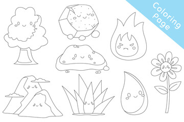 Cute nature elements black and white outline cartoon vector for kids coloring page. Printable coloring page template cartoon vector.