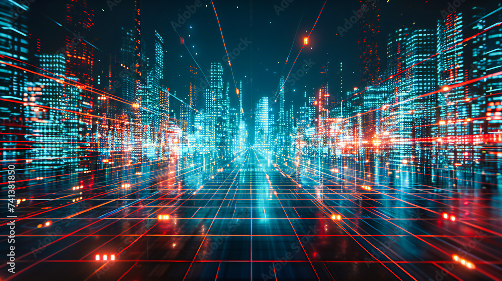 Poster futuristic technology and digital network concept with glowing blue lines, abstract background in cy