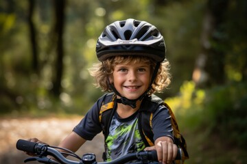 Cute little boy with bicycle helmet in the forest. Healthy lifestyle concept.